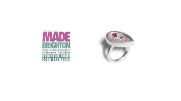Made Brighton logo and silver handmade ring with bright coloured precious stones