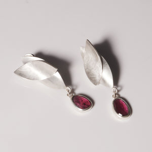 silver lotus earrings with garnet drops