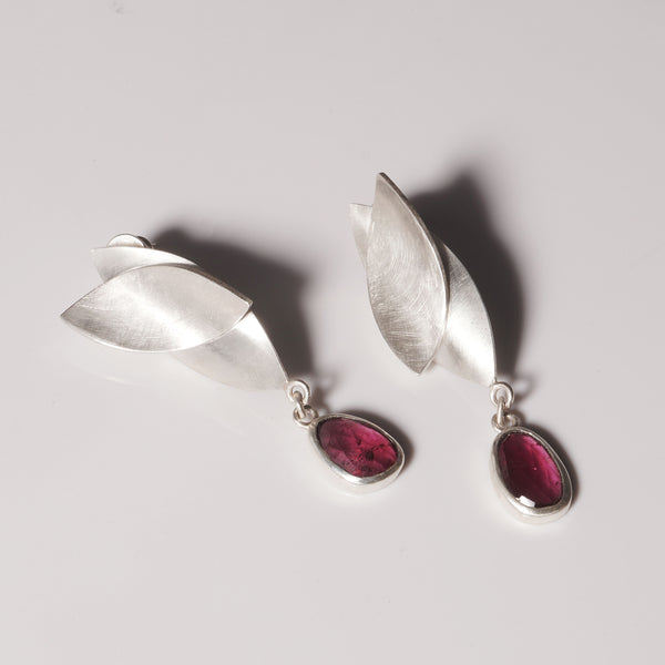 silver lotus earrings with garnet drops