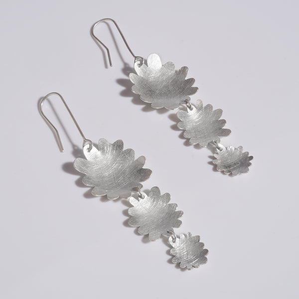 sterling silver abstract flower earrings with three dangles in decreasing sizes