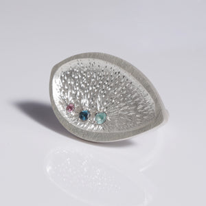 Sterling silver textured ring with  coloured precious stones