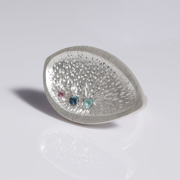 Sterling silver textured ring with  coloured precious stones