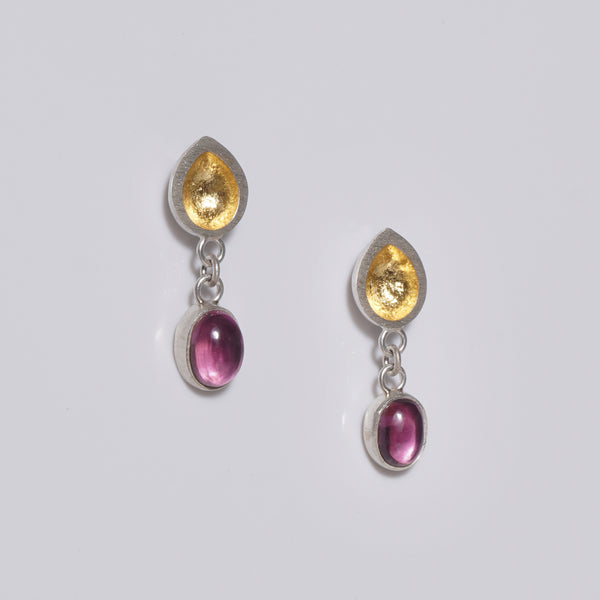 silver and gold seed pod earrings with tourmaline drops