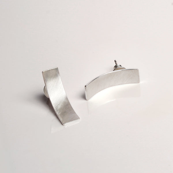 sterling silver curved bar earrings with soft textured finish
